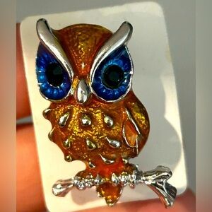 Owl Brooch - Orange & Blue Enamel with Blue Diamantes in Silver Tone 1 1/4” -EUC